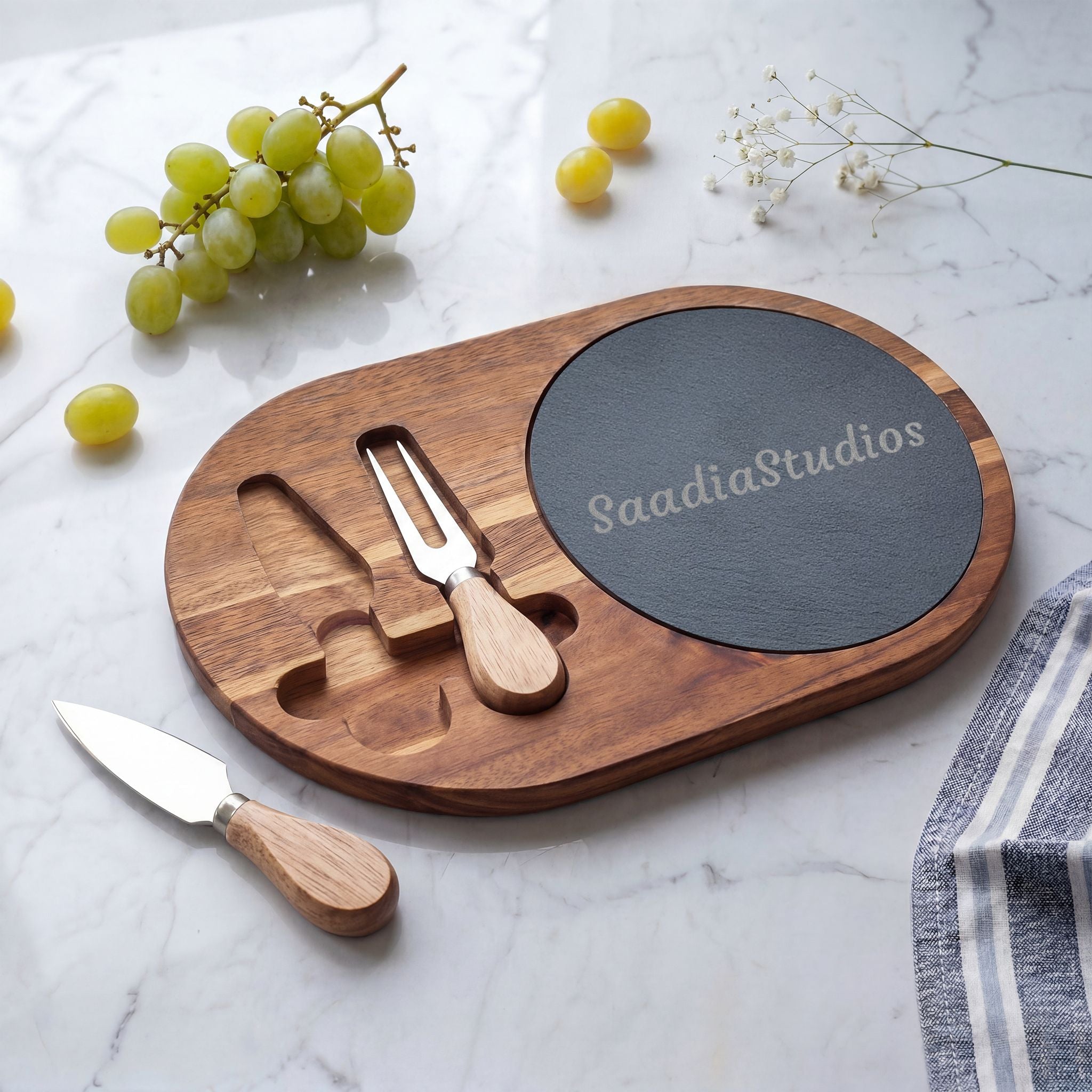 Engraved Acacia Charcuterie Board with Slate Insert & Cheese Knives