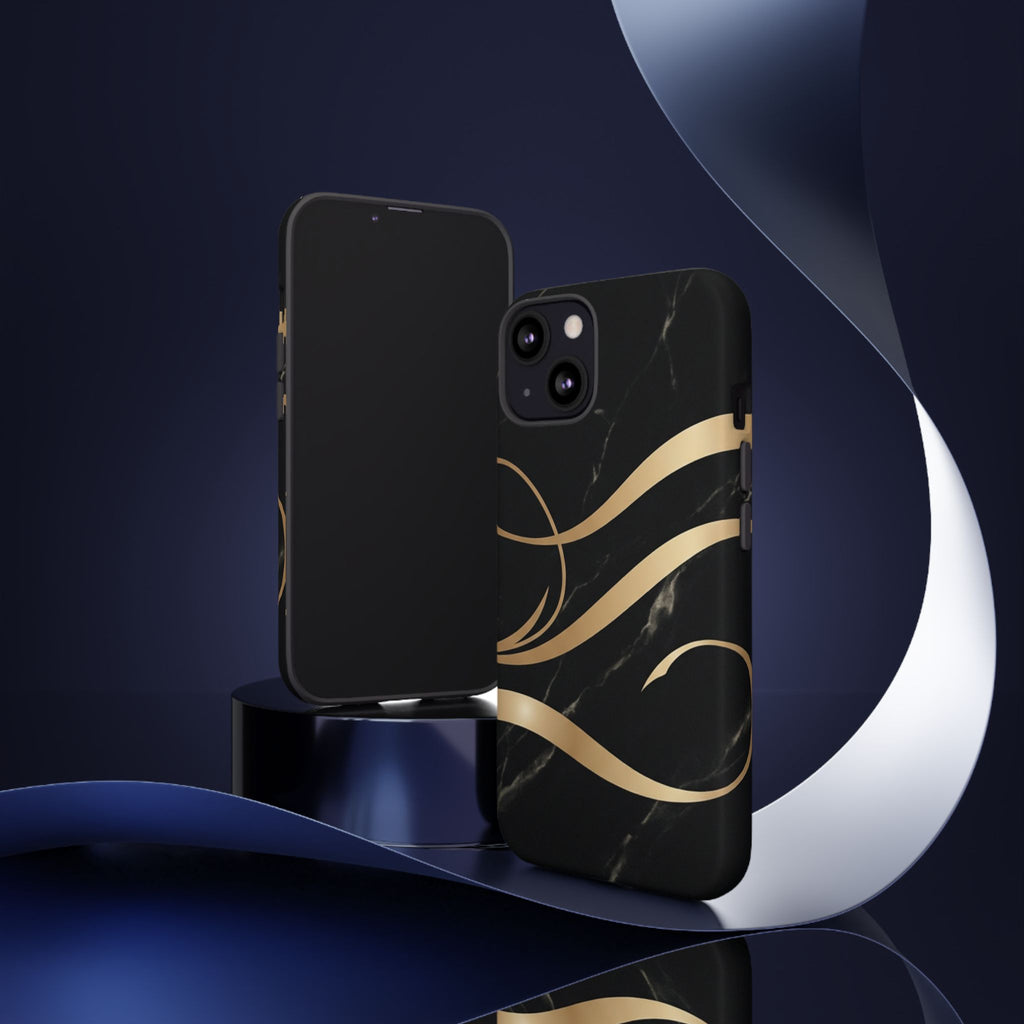Black Marble Phone Case with Gold Swirl — Elegant Protective Tough Case