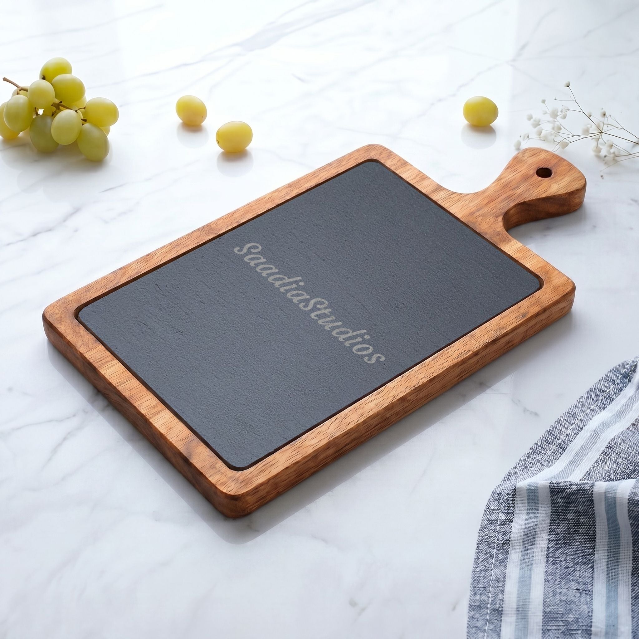Engraved Acacia Charcuterie Board with Slate Insert & Cheese Knives