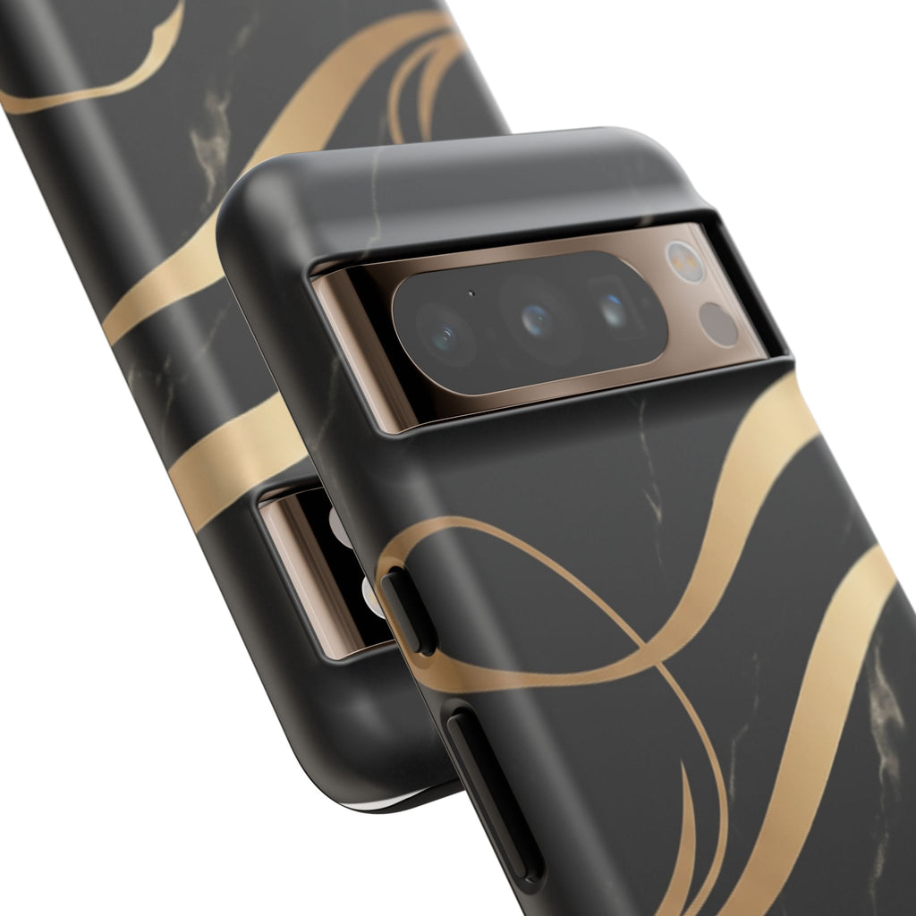 Black Marble Phone Case with Gold Swirl — Elegant Protective Tough Case