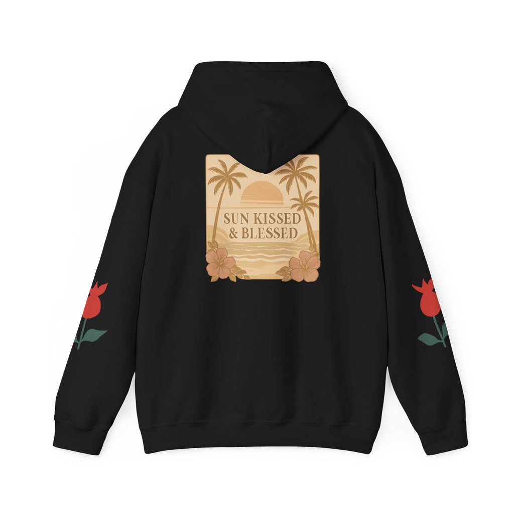 Coastal Soul Hoodie — 'Sun Kissed & Blessed' Tropical Palm Graphic Hooded Sweatshirt