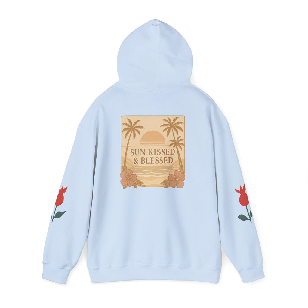 Coastal Soul Hoodie — 'Sun Kissed & Blessed' Tropical Palm Graphic Hooded Sweatshirt