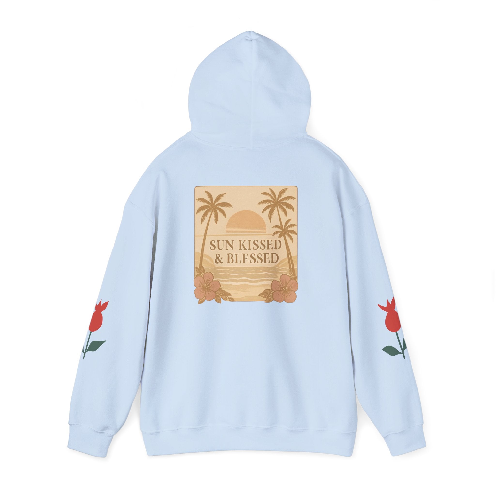 Coastal Soul Hoodie — 'Sun Kissed & Blessed' Tropical Palm Graphic Hooded Sweatshirt