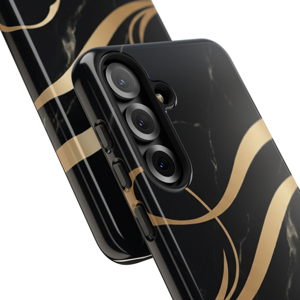 Black Marble Phone Case with Gold Swirl — Elegant Protective Tough Case