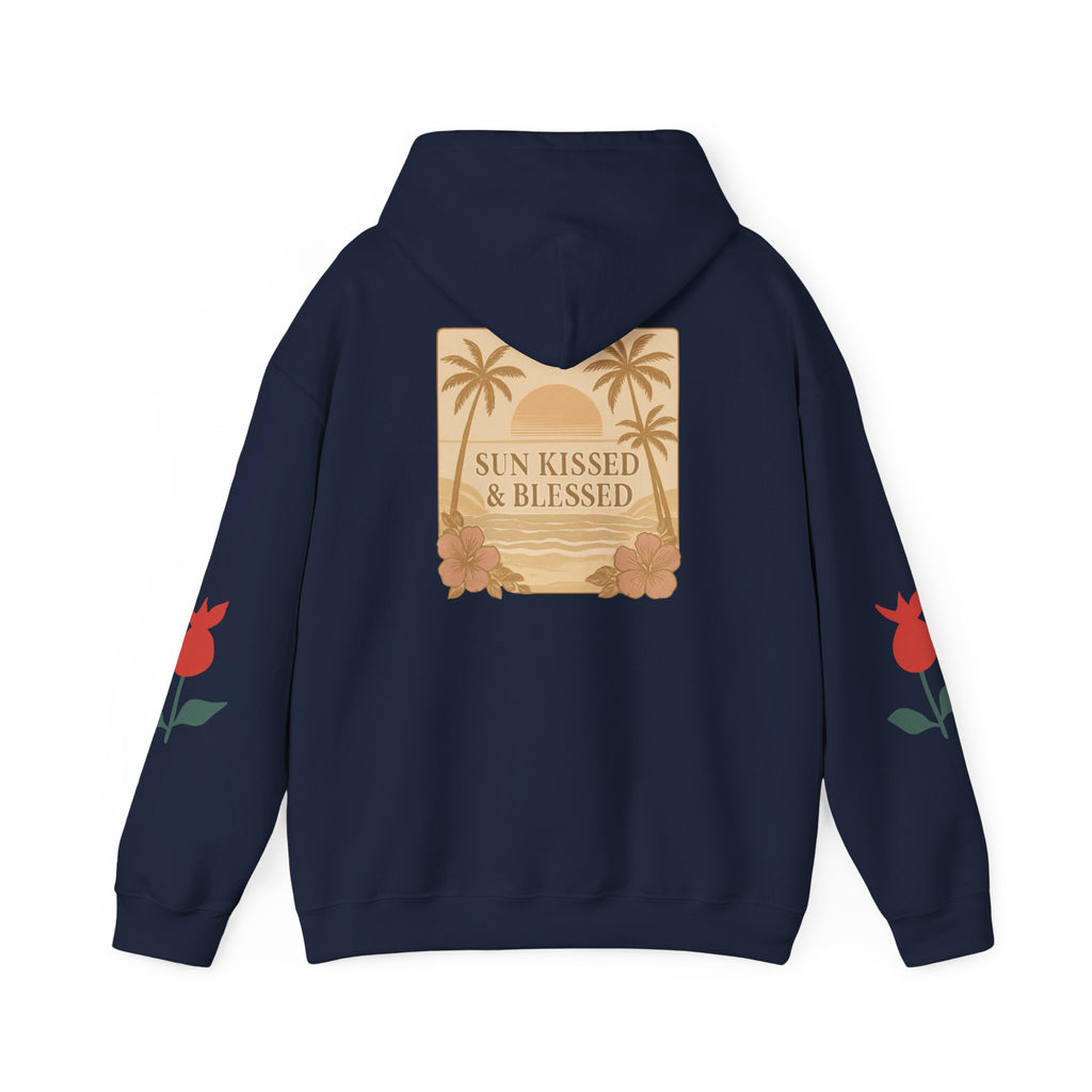 Coastal Soul Hoodie — 'Sun Kissed & Blessed' Tropical Palm Graphic Hooded Sweatshirt