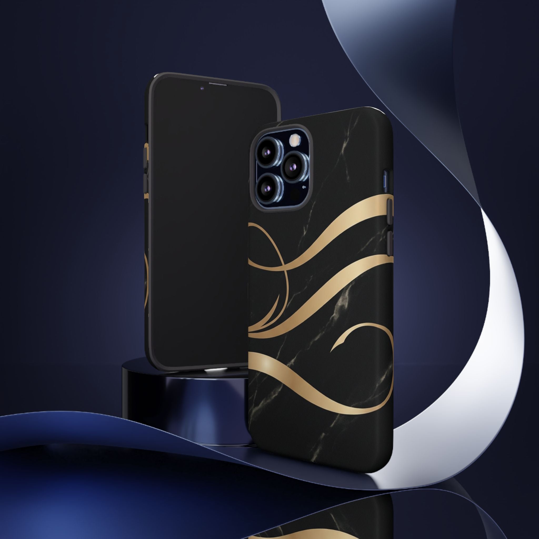 Black Marble Phone Case with Gold Swirl — Elegant Protective Tough Case