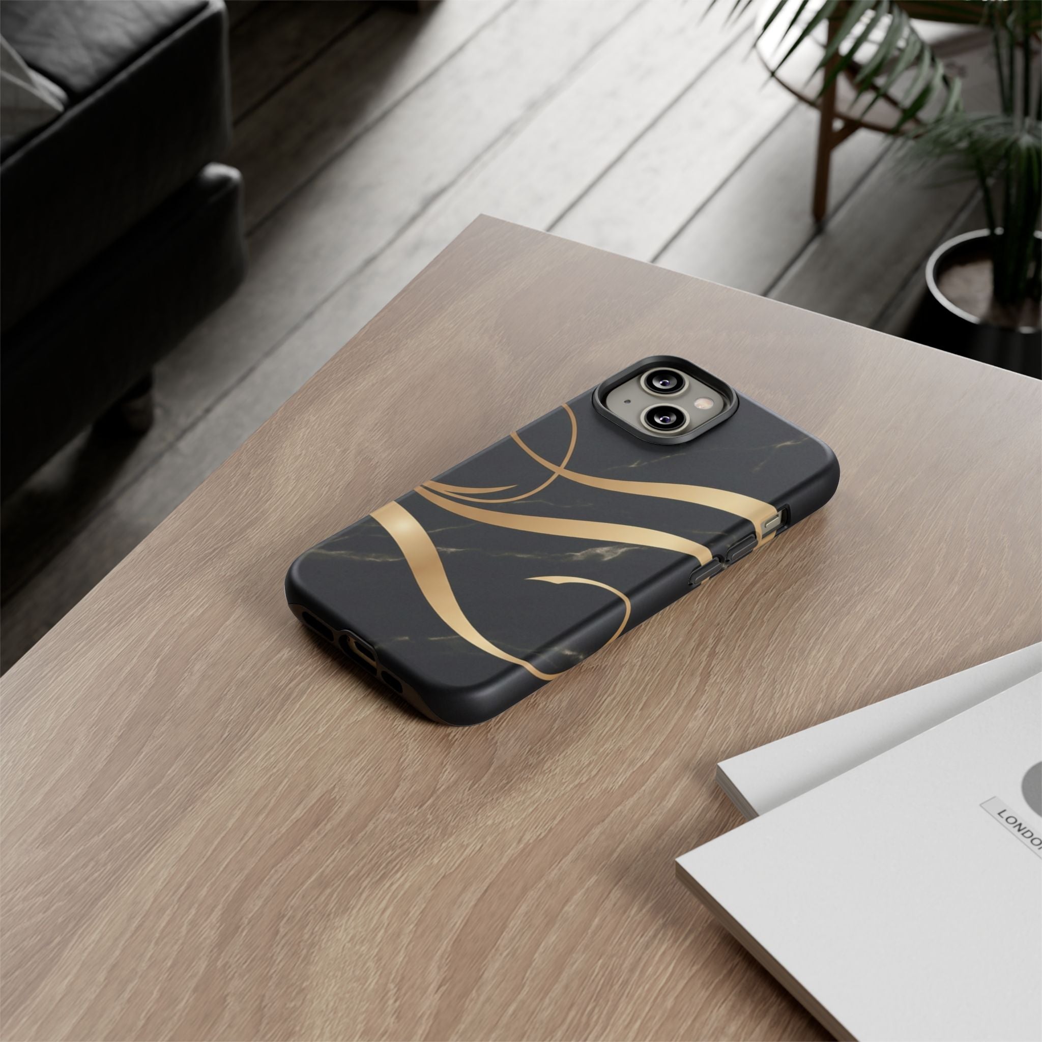 Black Marble Phone Case with Gold Swirl — Elegant Protective Tough Case