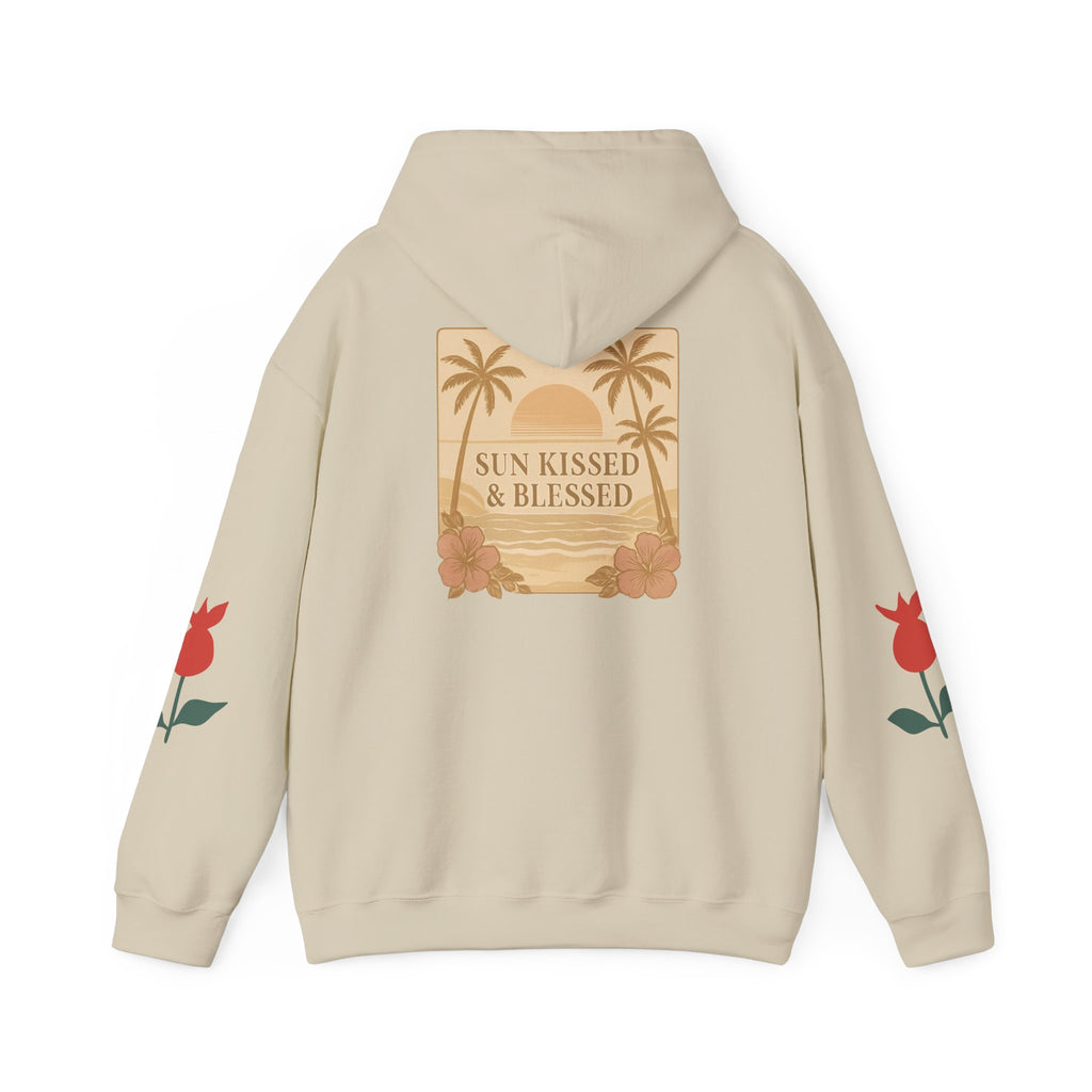 Coastal Soul Hoodie — 'Sun Kissed & Blessed' Tropical Palm Graphic Hooded Sweatshirt