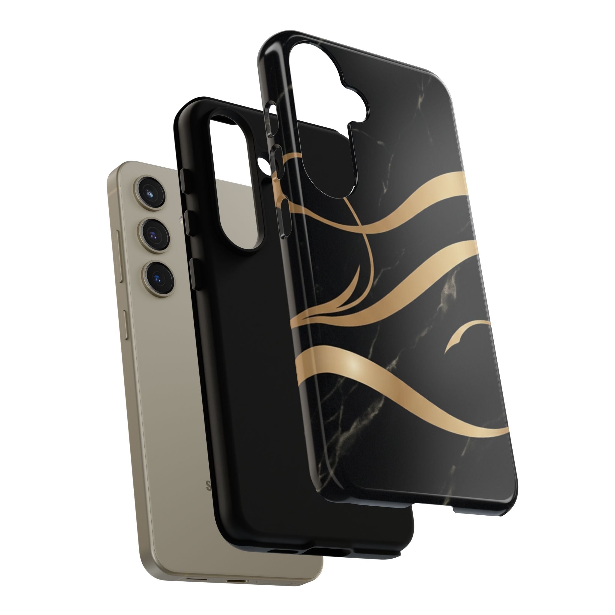Black Marble Phone Case with Gold Swirl — Elegant Protective Tough Case