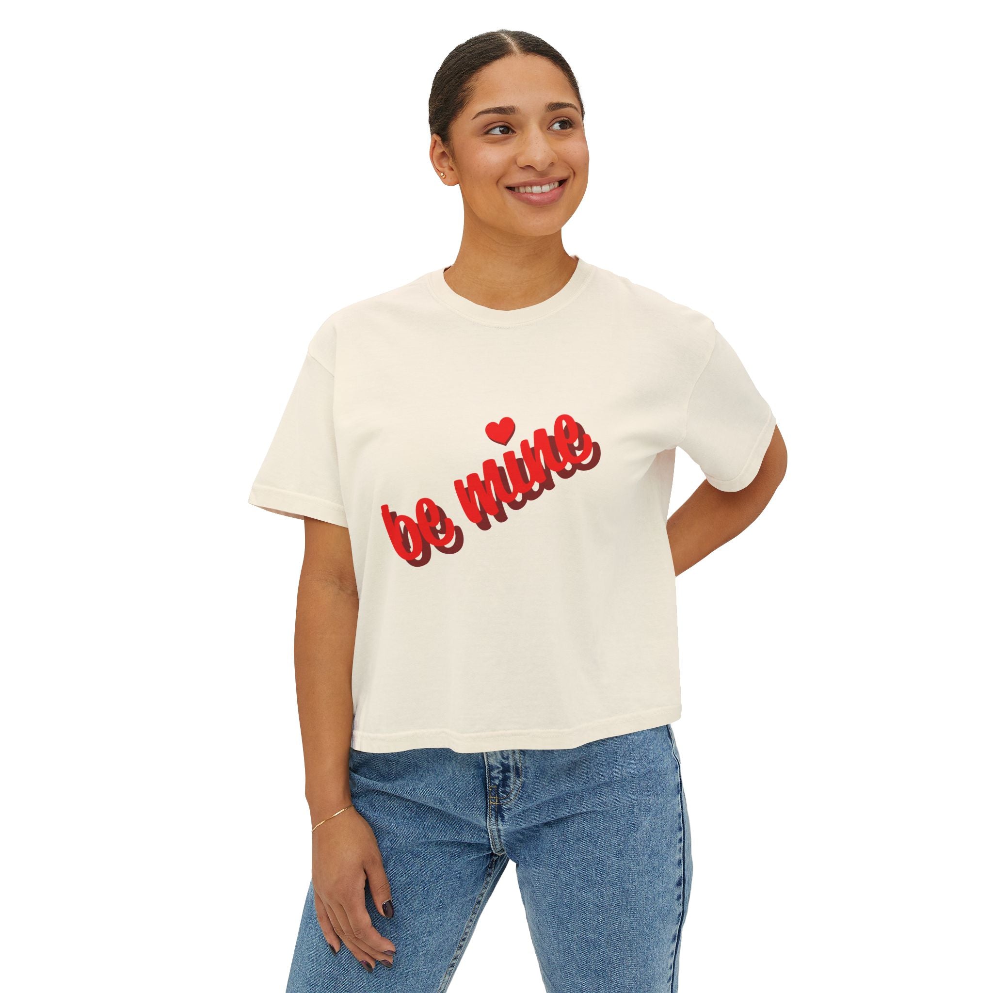 Be Mine Heart Script Boxy Tee — Valentine Rose Graphic Top