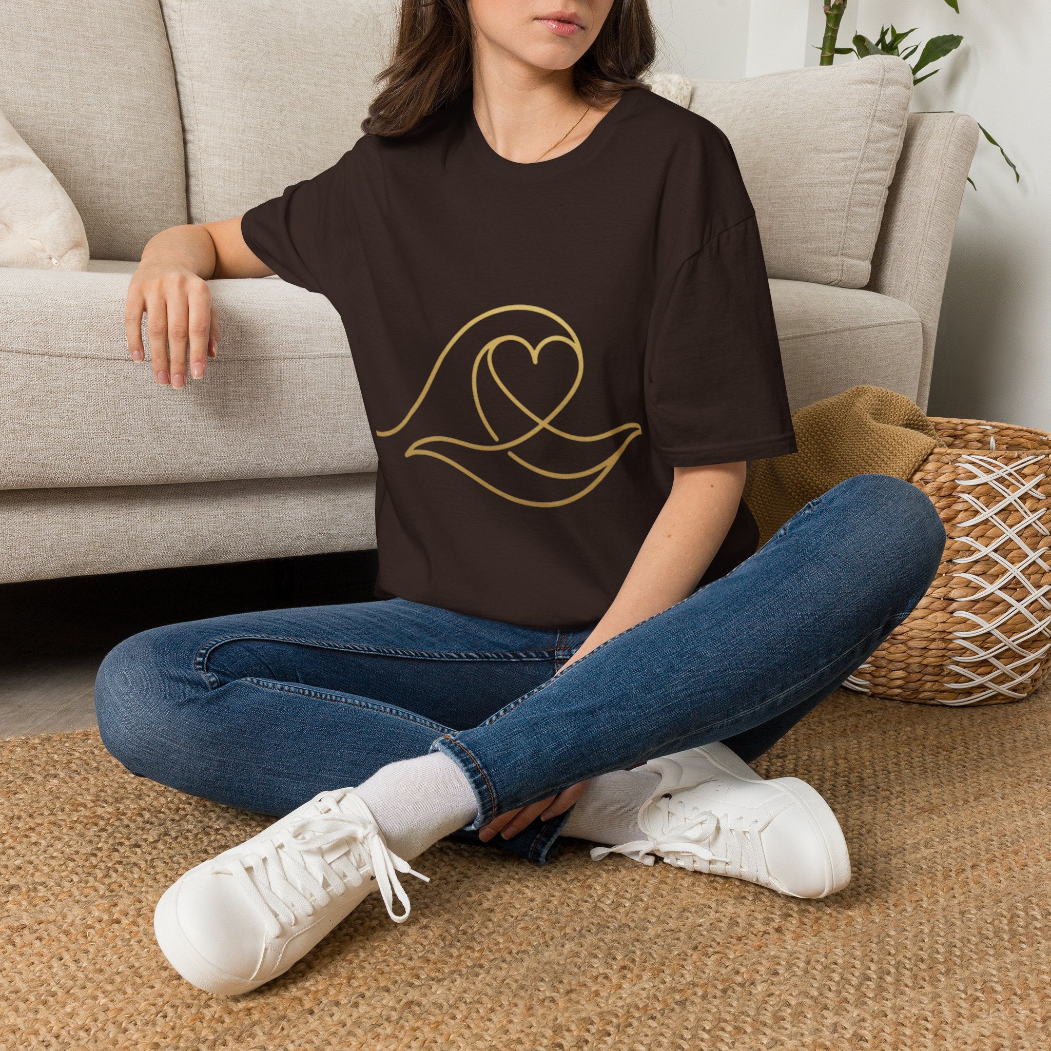 T-Shirt — Minimal Gold Wave Heart Graphic Tee | Beachy, Romantic Casual Top
