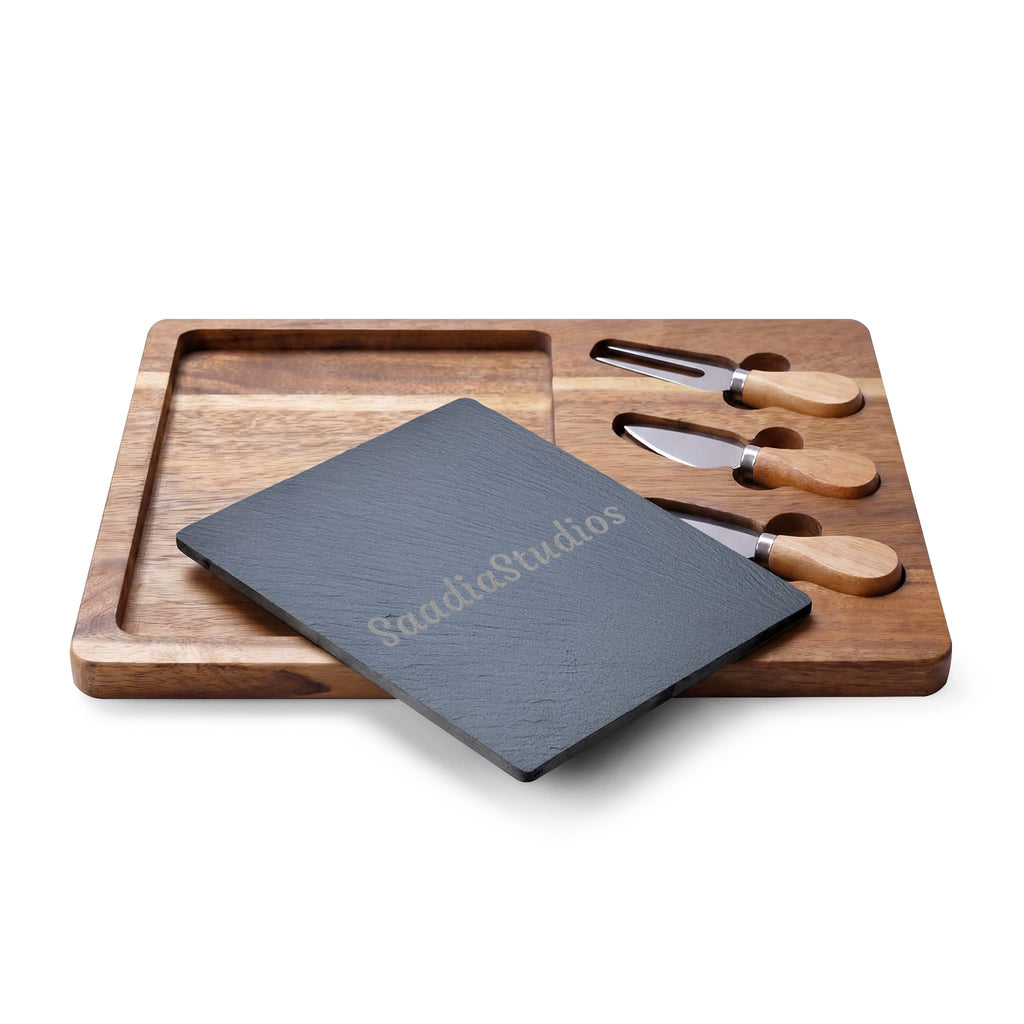 Engraved Acacia Charcuterie Board with Slate Insert & Cheese Knives