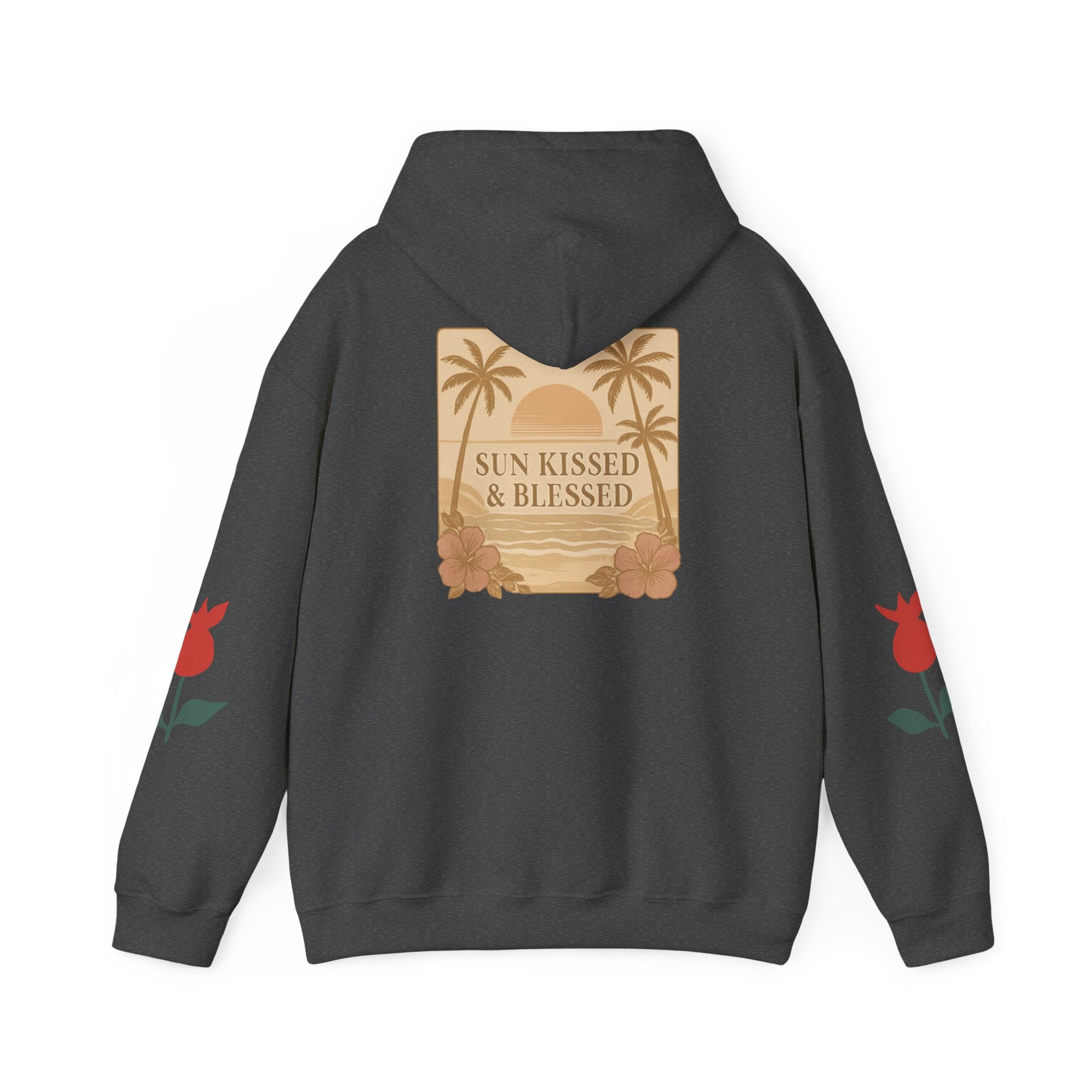 Coastal Soul Hoodie — 'Sun Kissed & Blessed' Tropical Palm Graphic Hooded Sweatshirt