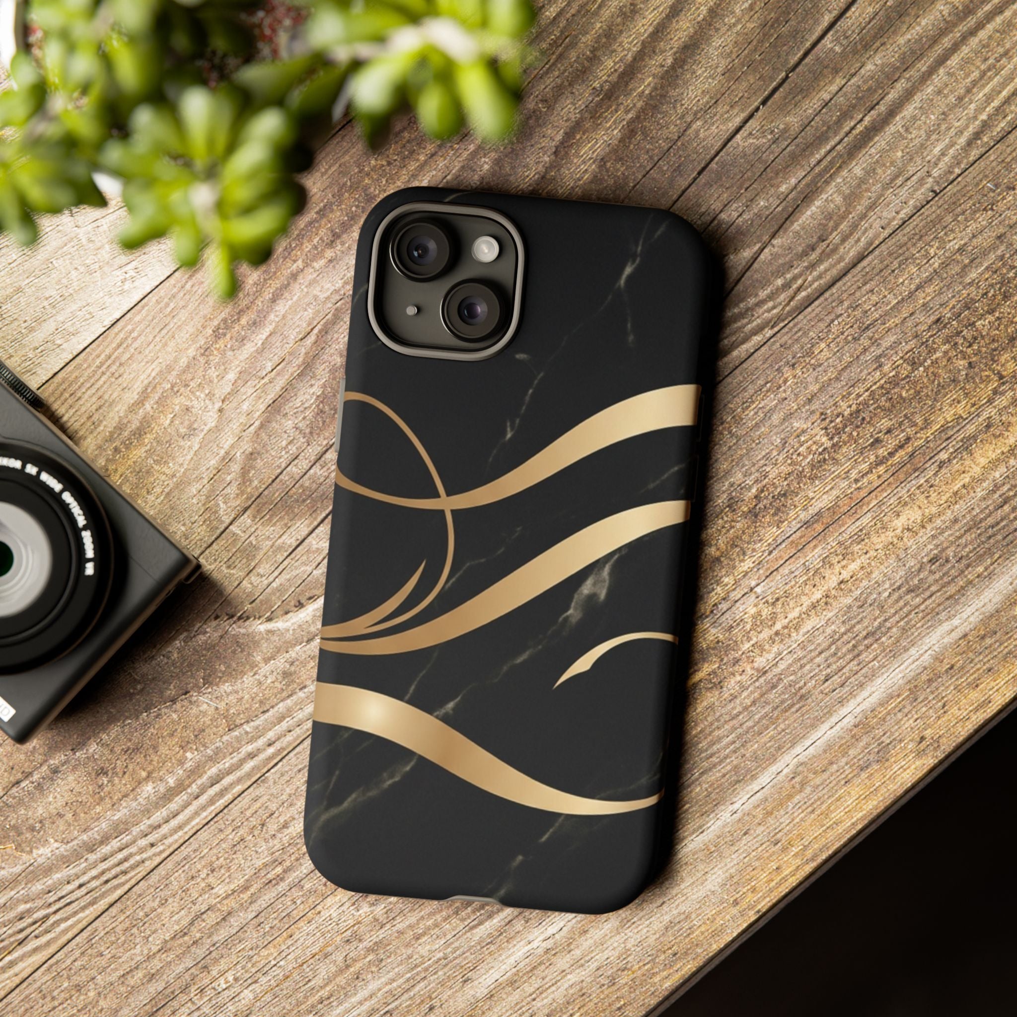 Black Marble Phone Case with Gold Swirl — Elegant Protective Tough Case