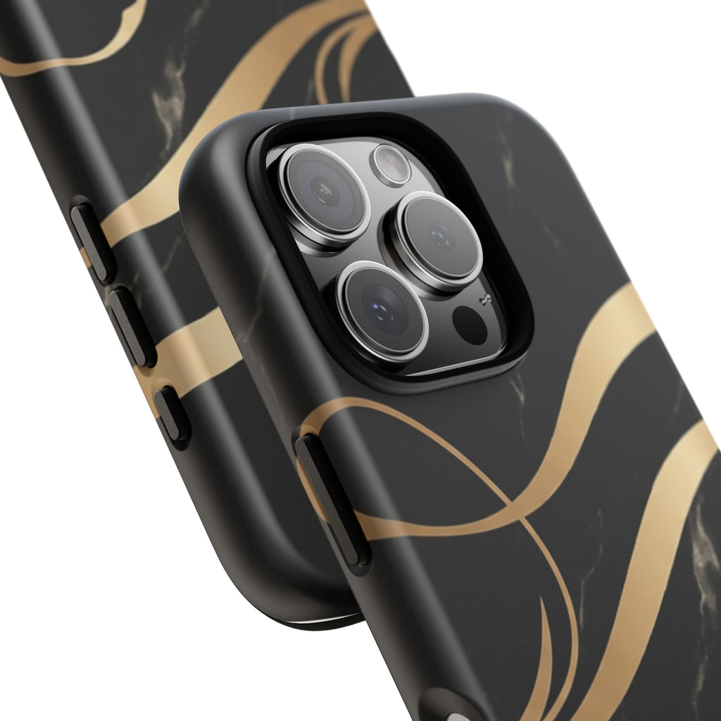 Black Marble Phone Case with Gold Swirl — Elegant Protective Tough Case
