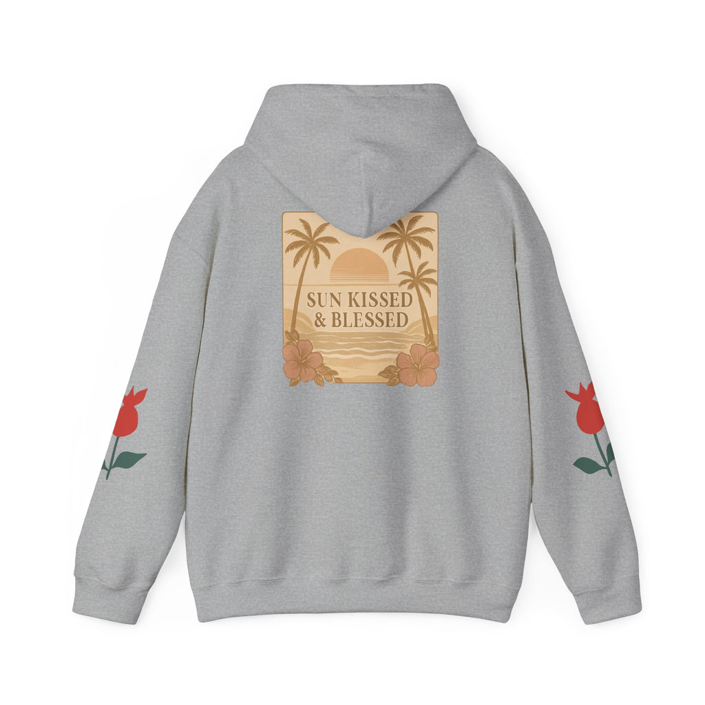 Coastal Soul Hoodie — 'Sun Kissed & Blessed' Tropical Palm Graphic Hooded Sweatshirt