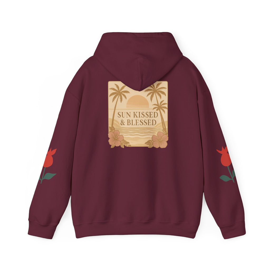 Coastal Soul Hoodie — 'Sun Kissed & Blessed' Tropical Palm Graphic Hooded Sweatshirt