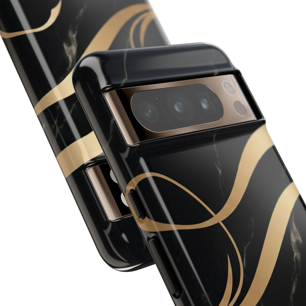 Black Marble Phone Case with Gold Swirl — Elegant Protective Tough Case