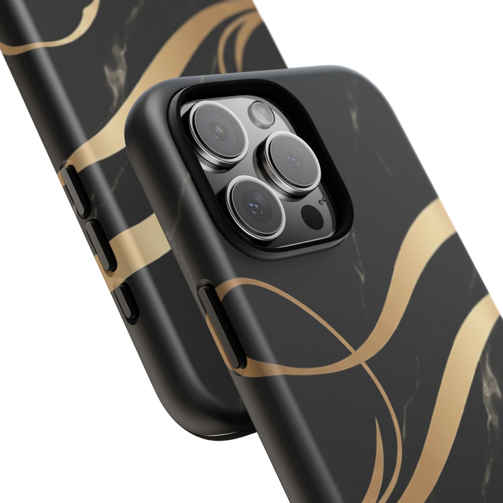 Black Marble Phone Case with Gold Swirl — Elegant Protective Tough Case