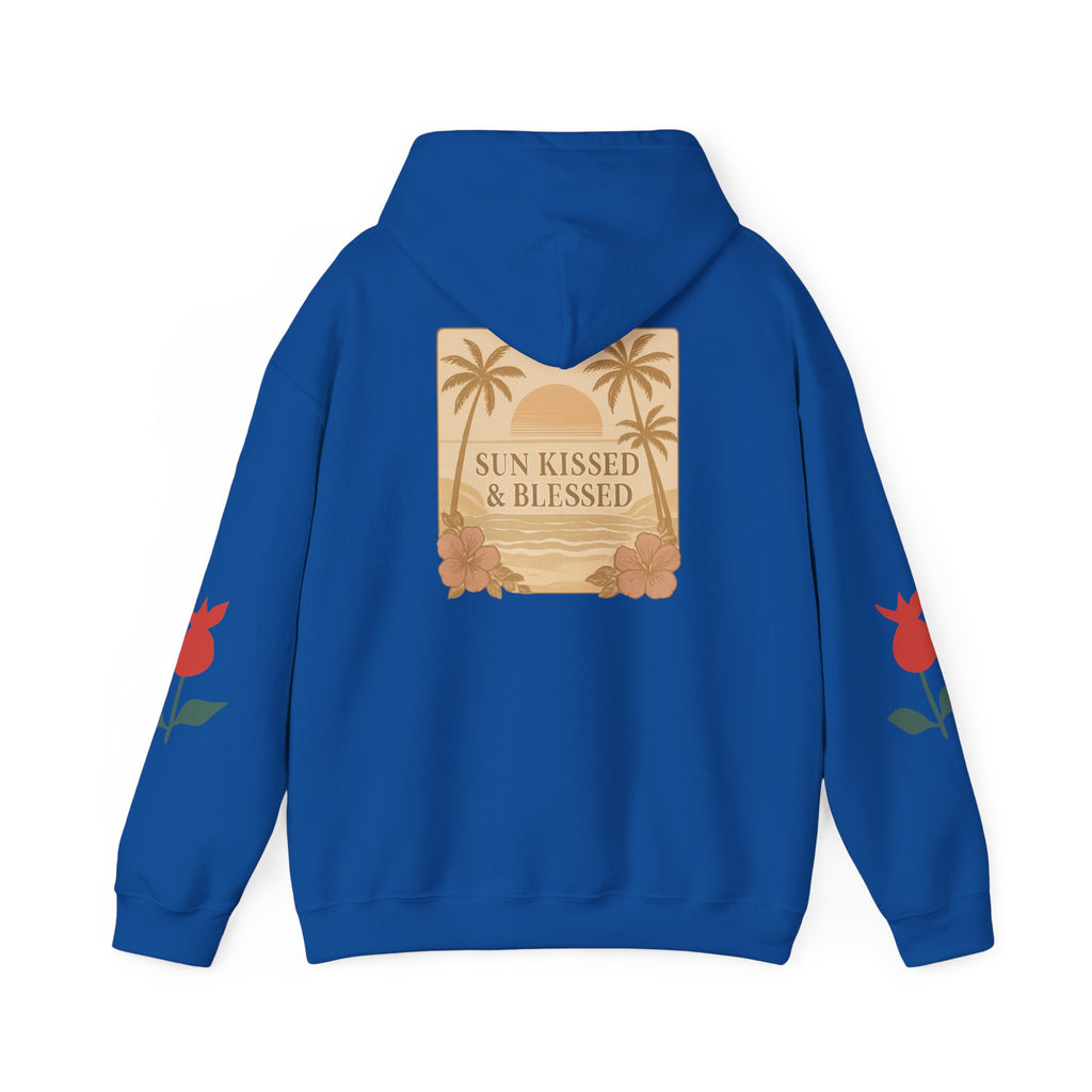 Coastal Soul Hoodie — 'Sun Kissed & Blessed' Tropical Palm Graphic Hooded Sweatshirt