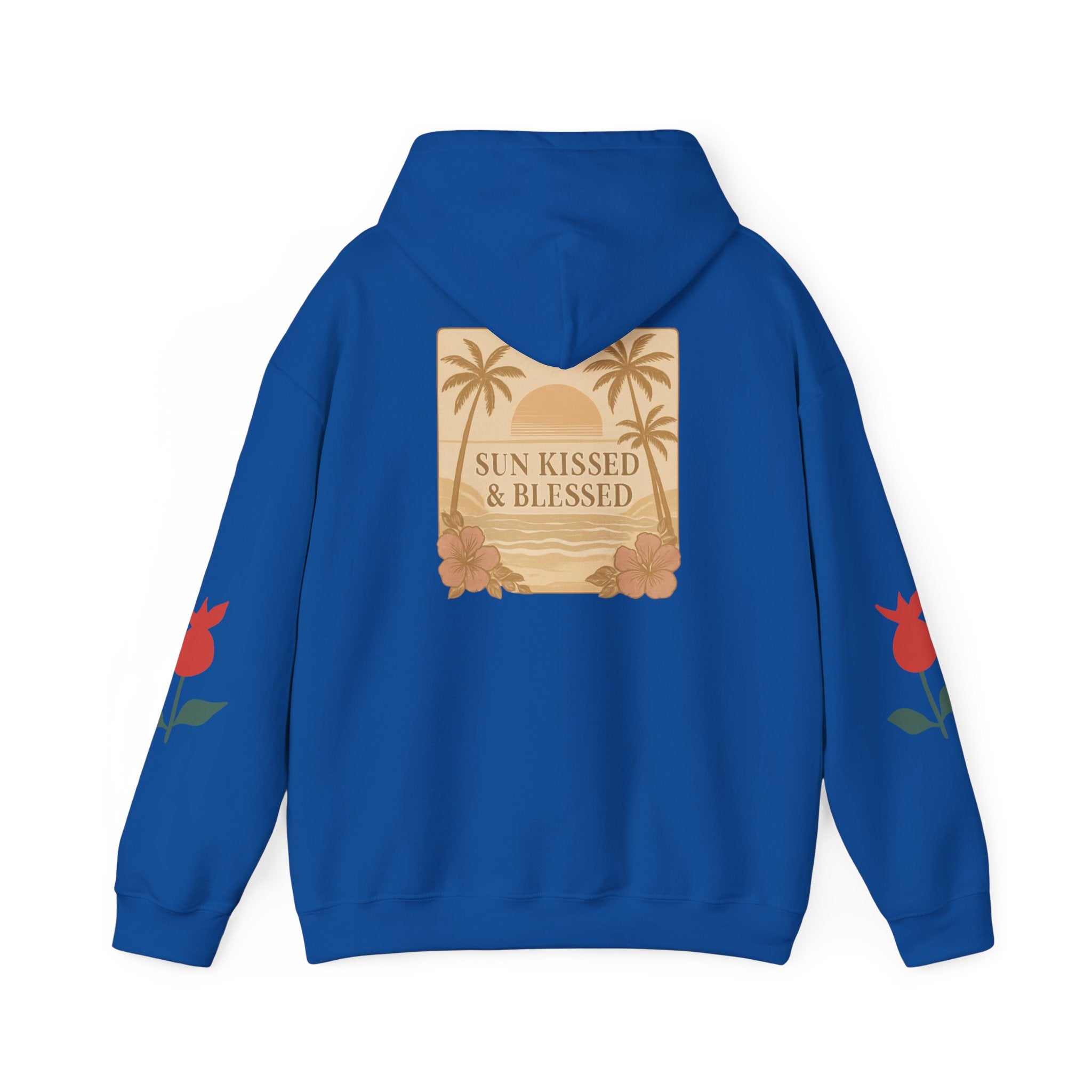 Coastal Soul Hoodie — 'Sun Kissed & Blessed' Tropical Palm Graphic Hooded Sweatshirt