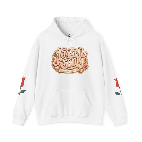 Coastal Soul Hoodie — 'Sun Kissed & Blessed' Tropical Palm Graphic Hooded Sweatshirt