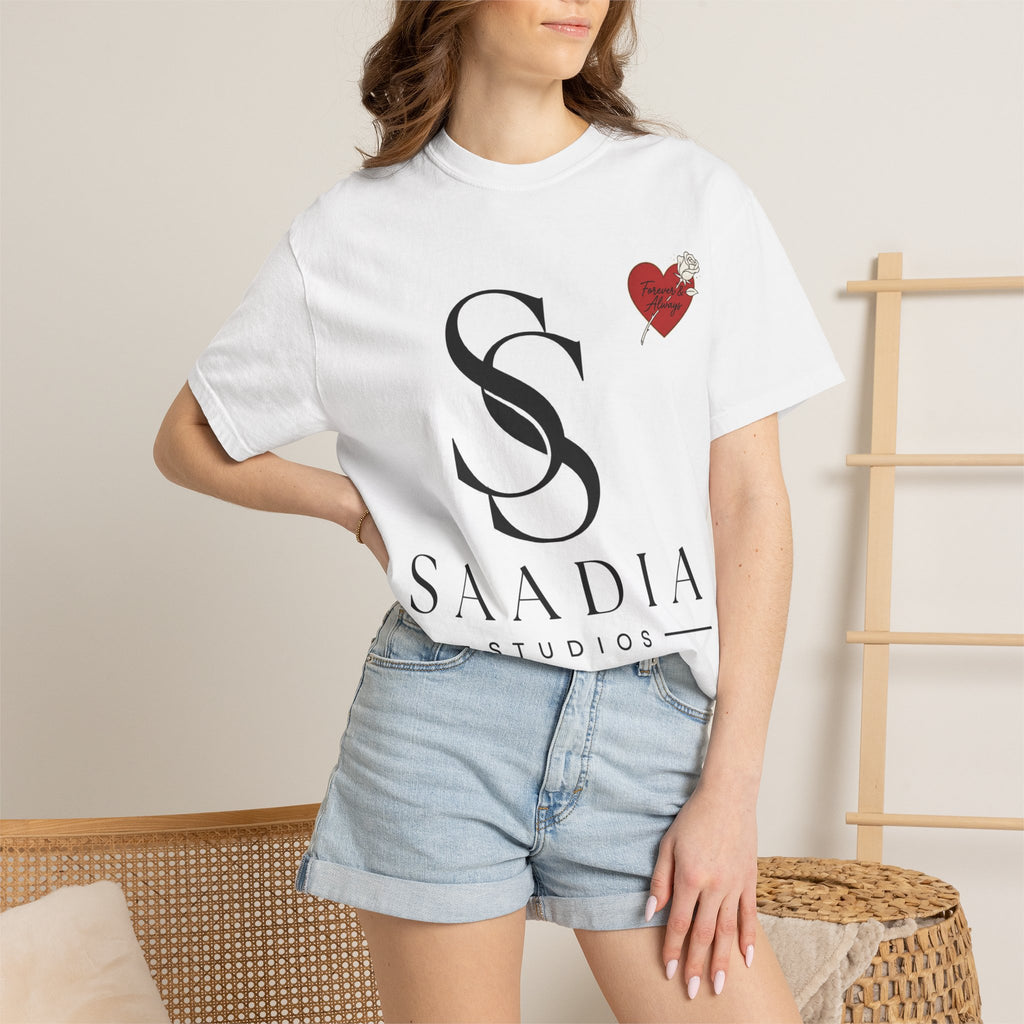 Saadia Studios Logo T-Shirt — SS Monogram Tee with Heart Accent
