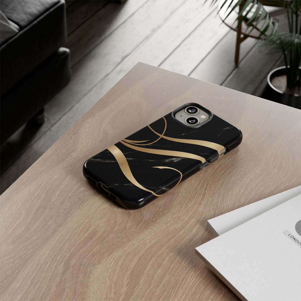 Black Marble Phone Case with Gold Swirl — Elegant Protective Tough Case
