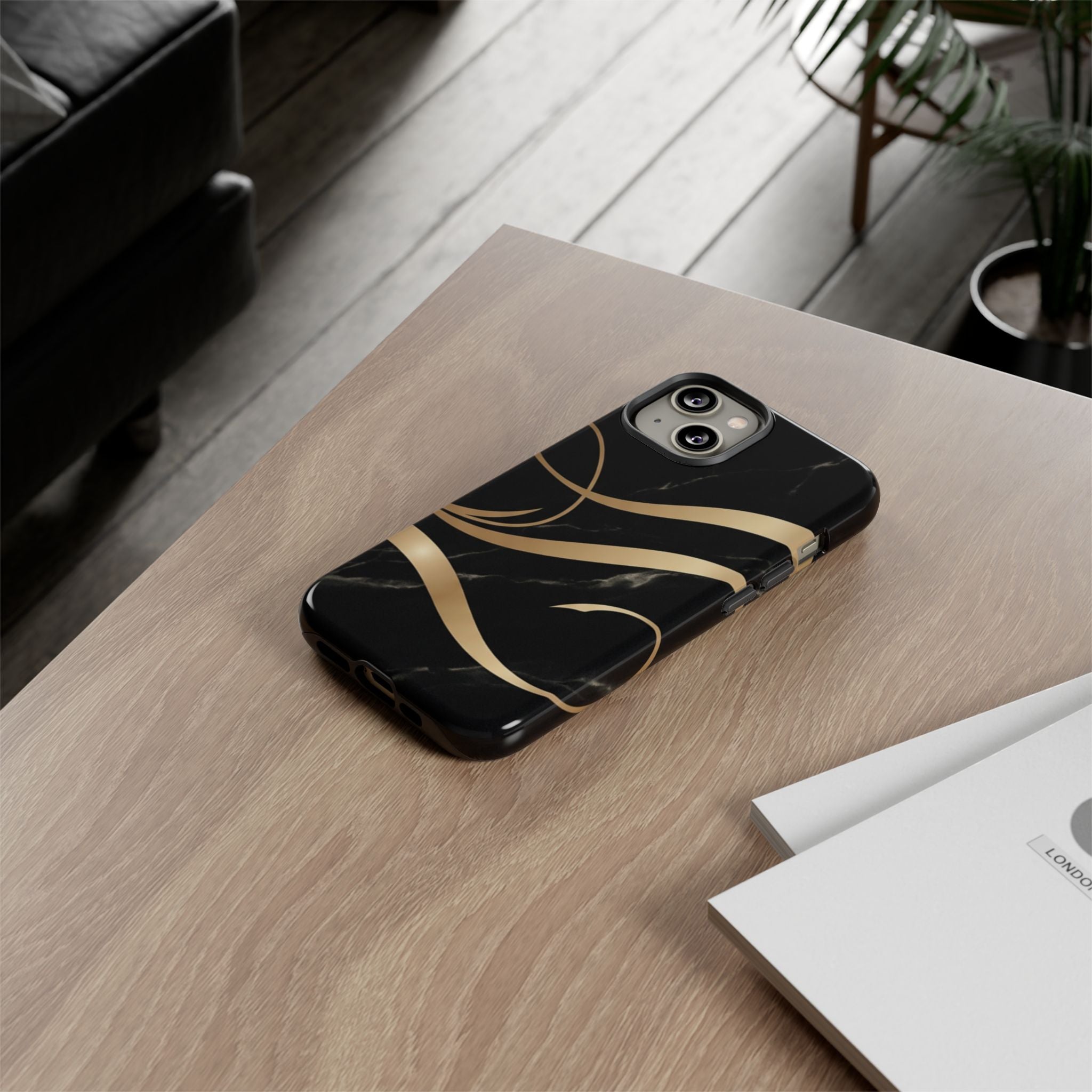 Black Marble Phone Case with Gold Swirl — Elegant Protective Tough Case