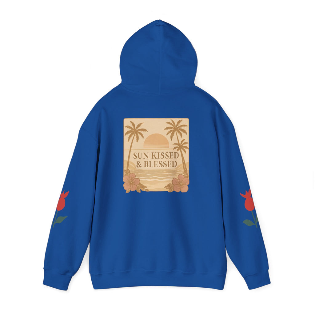 Coastal Soul Hoodie — 'Sun Kissed & Blessed' Tropical Palm Graphic Hooded Sweatshirt