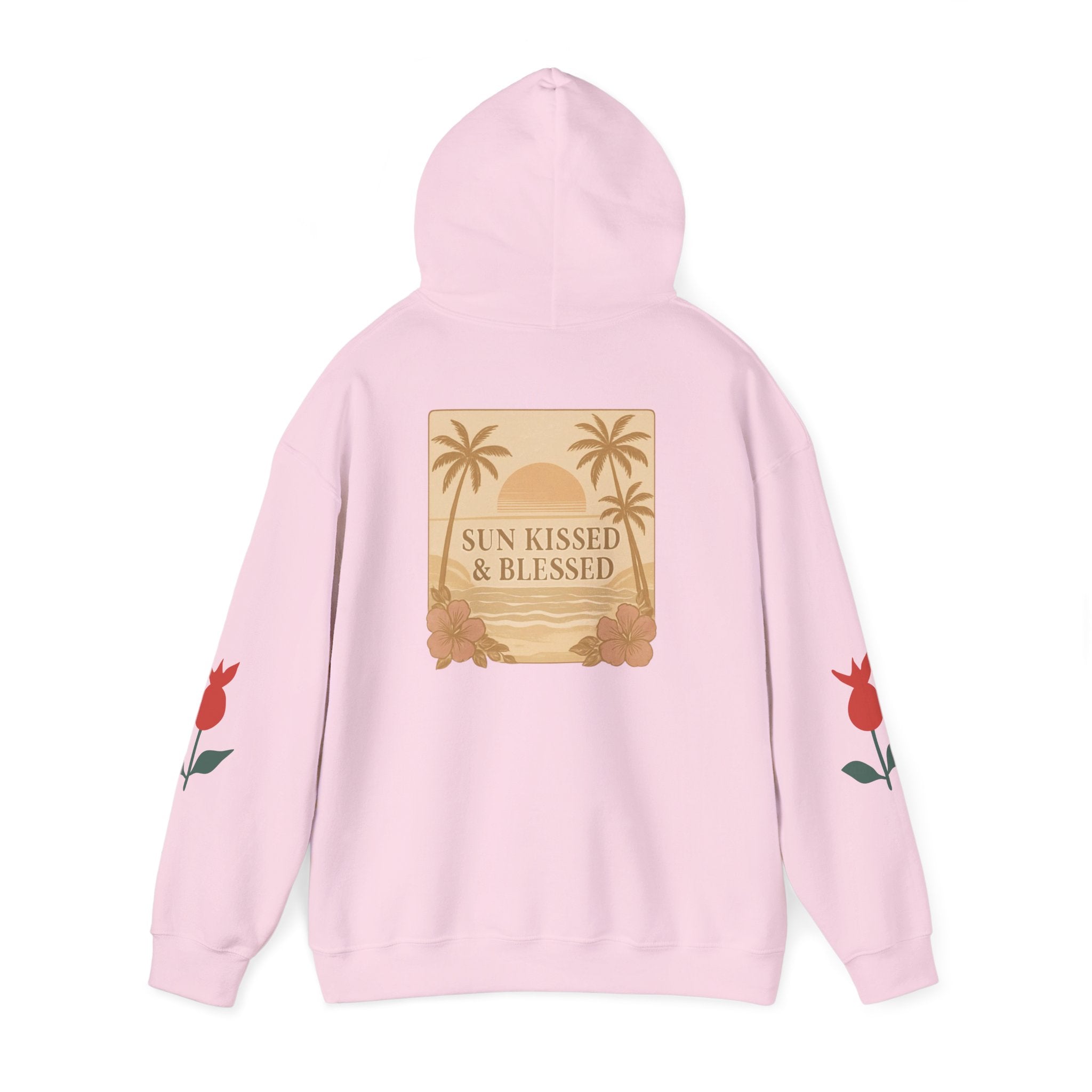 Coastal Soul Hoodie — 'Sun Kissed & Blessed' Tropical Palm Graphic Hooded Sweatshirt