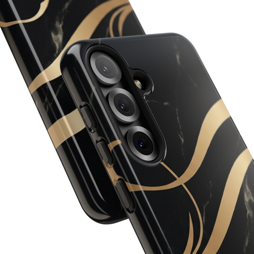 Black Marble Phone Case with Gold Swirl — Elegant Protective Tough Case