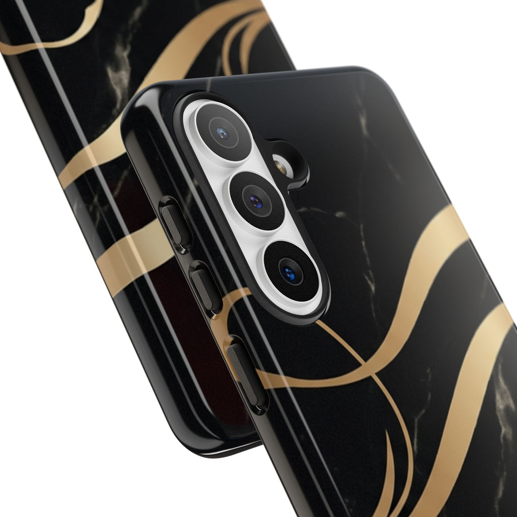 Black Marble Phone Case with Gold Swirl — Elegant Protective Tough Case
