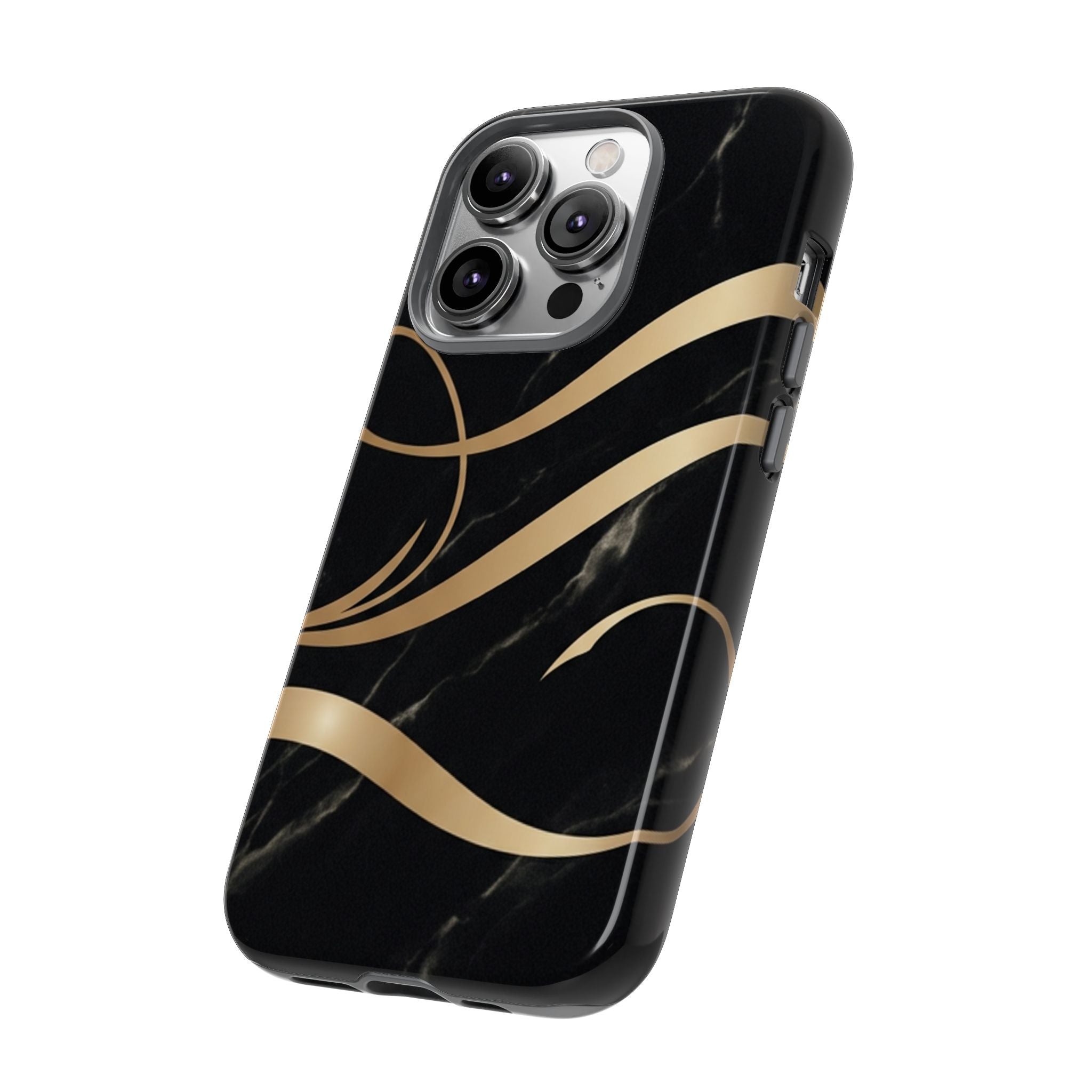 Black Marble Phone Case with Gold Swirl — Elegant Protective Tough Case