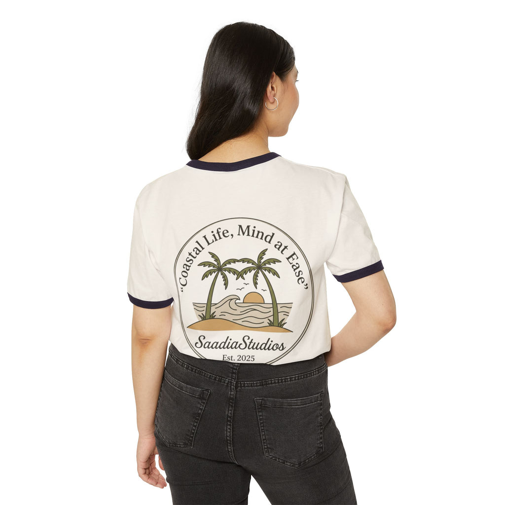 Coastal Life Ringer T-Shirt — "Coastal Life, Mind at Ease" Palm Sunset Tee