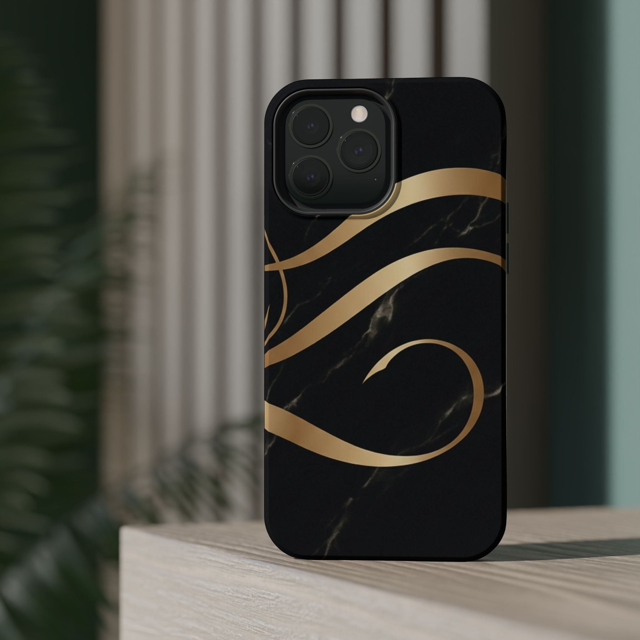 Magnetic Impact-Resistant Phone Case — Black Marble with Gold Swirl
