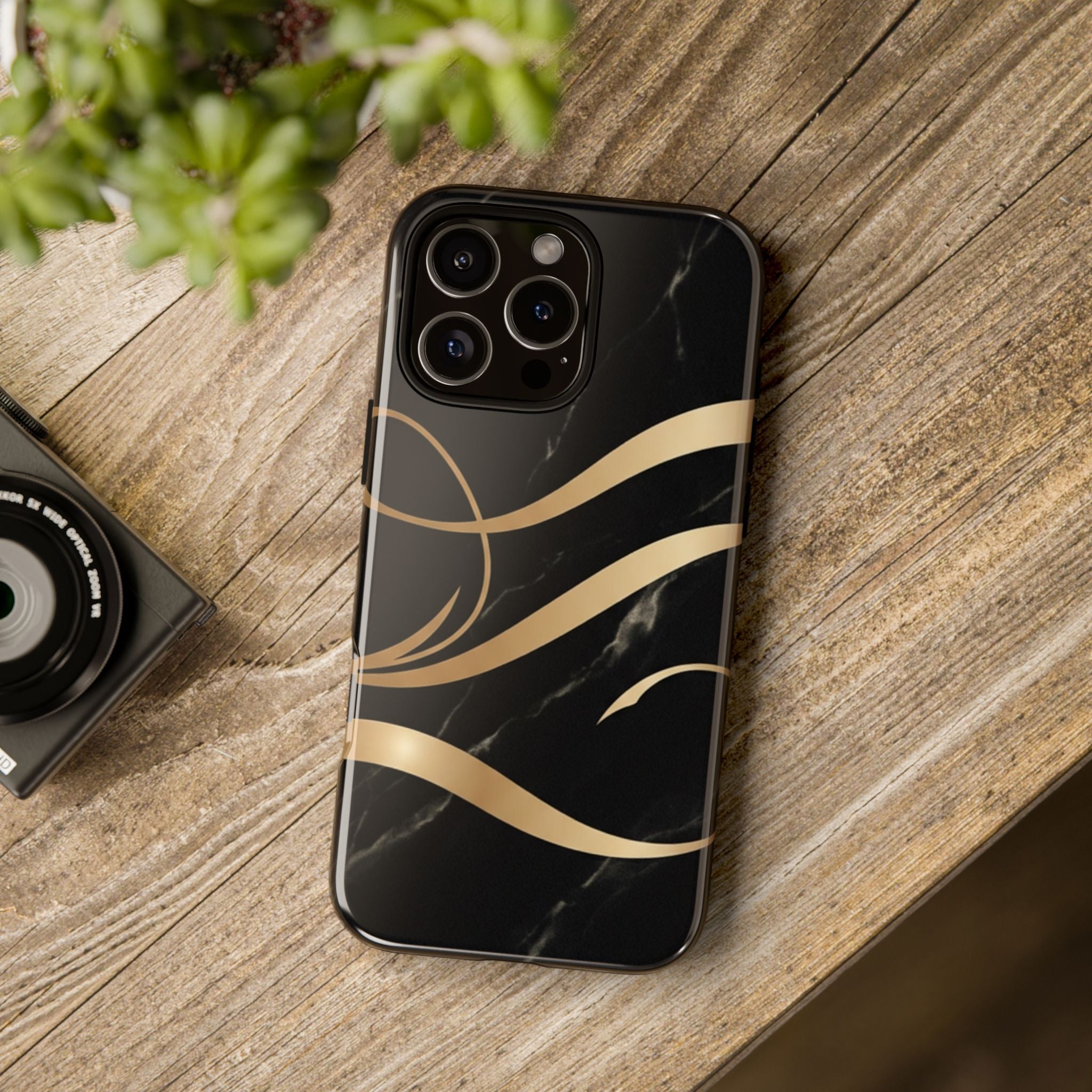 Black Marble Phone Case with Gold Swirl — Elegant Protective Tough Case