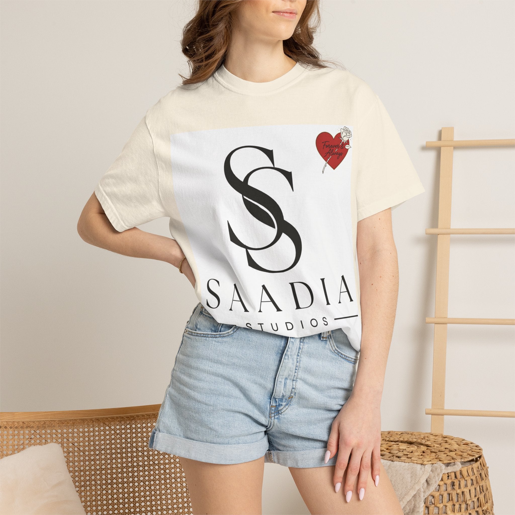 Saadia Studios Logo T-Shirt — SS Monogram Tee with Heart Accent