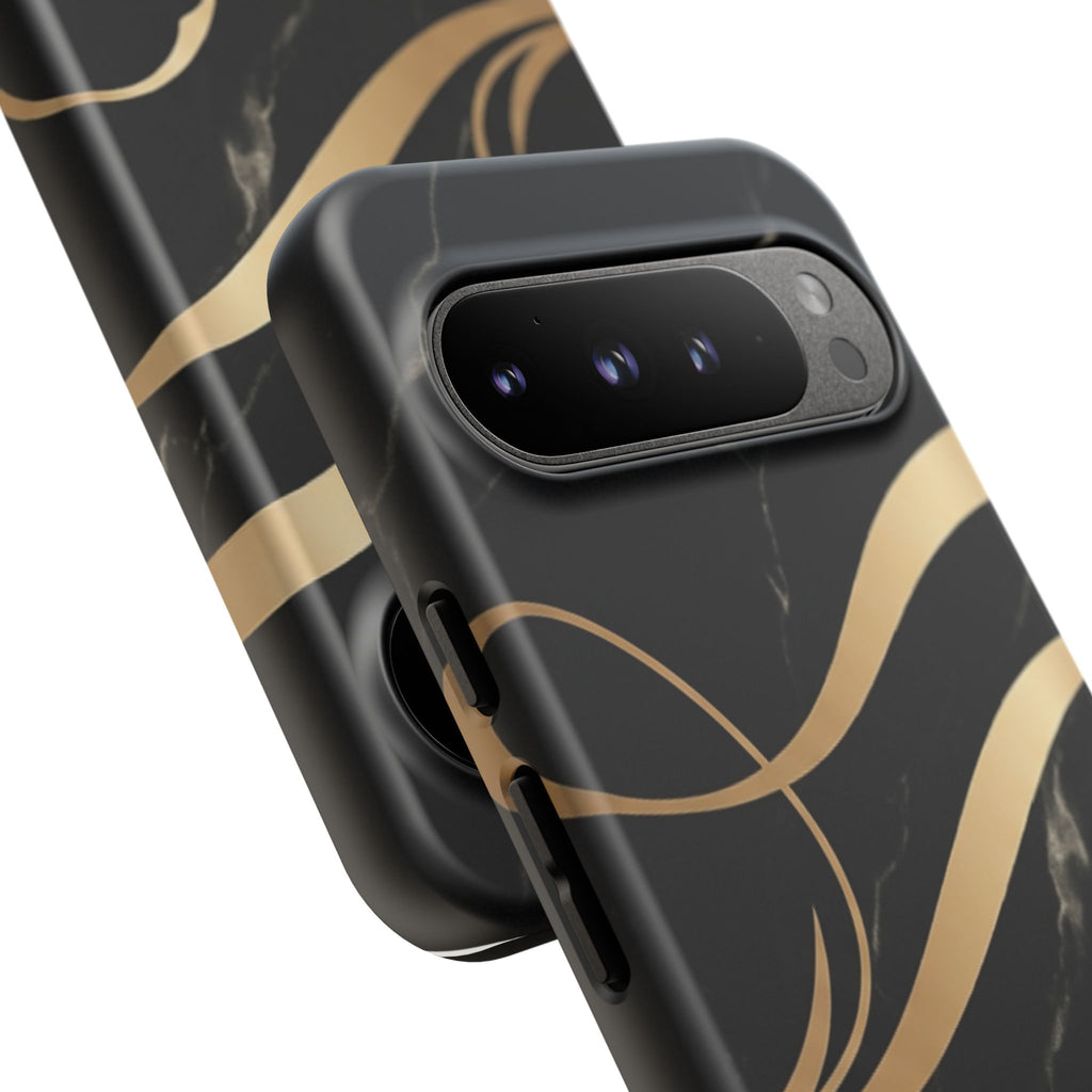 Black Marble Phone Case with Gold Swirl — Elegant Protective Tough Case