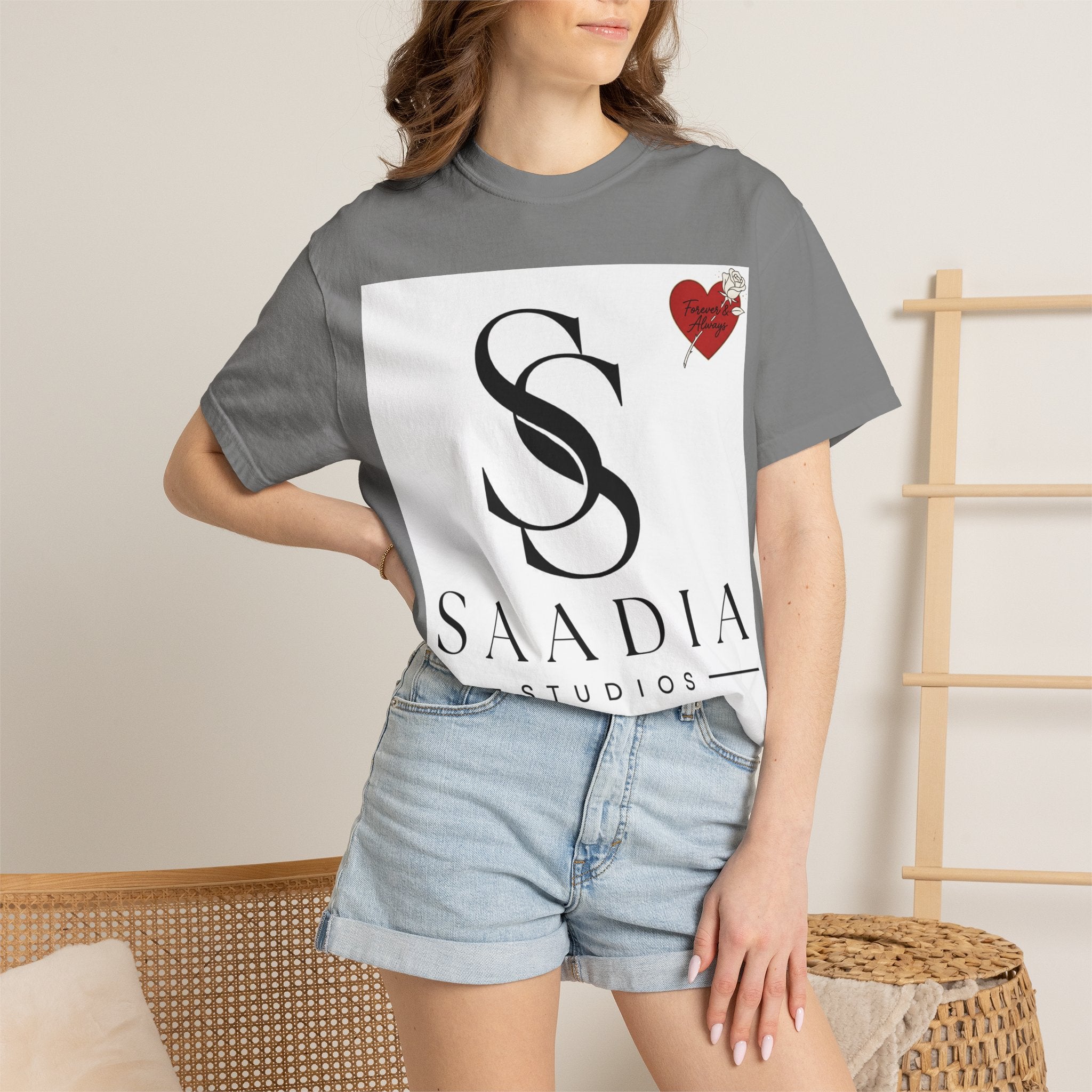 Saadia Studios Logo T-Shirt — SS Monogram Tee with Heart Accent
