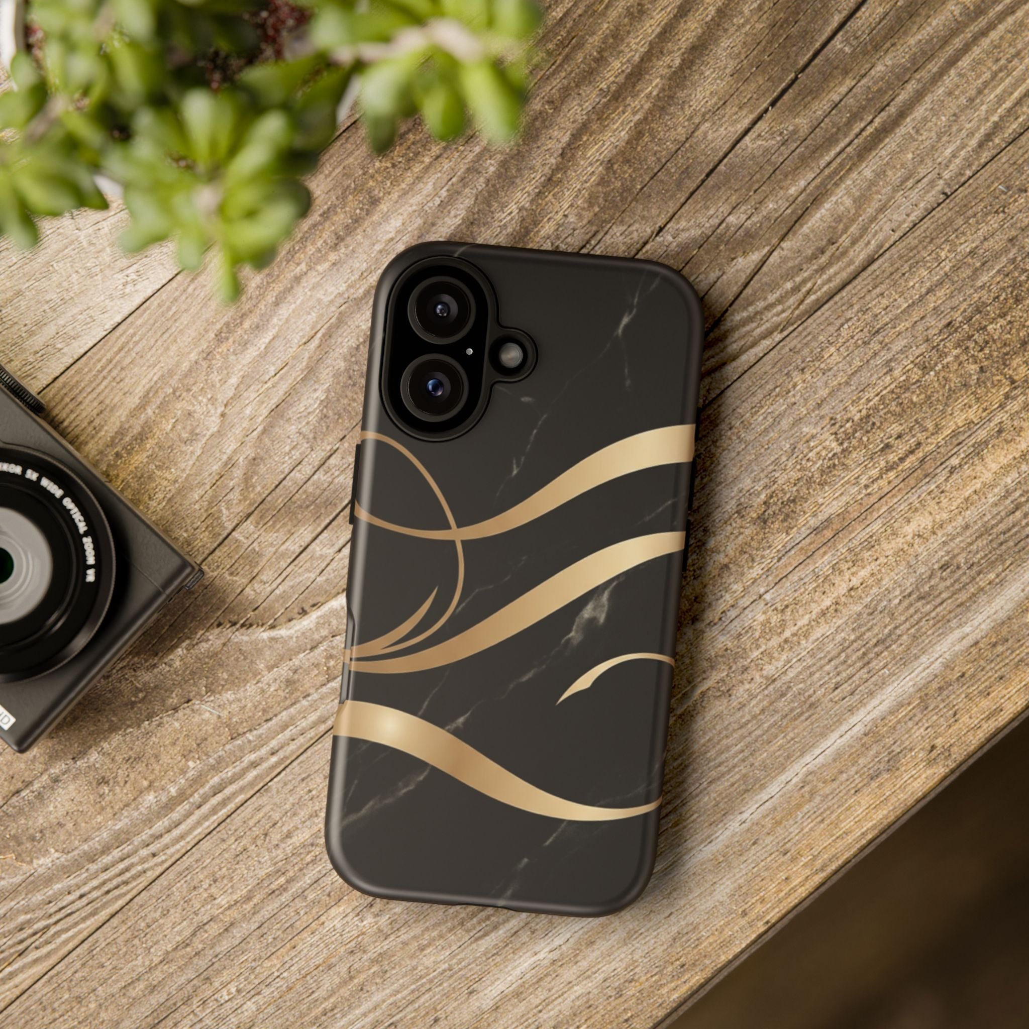 Black Marble Phone Case with Gold Swirl — Elegant Protective Tough Case