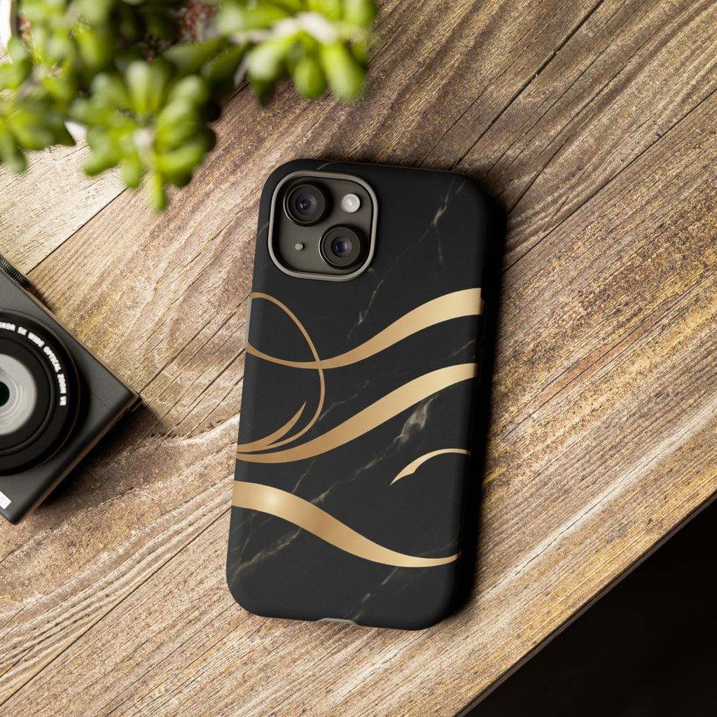 Black Marble Phone Case with Gold Swirl — Elegant Protective Tough Case
