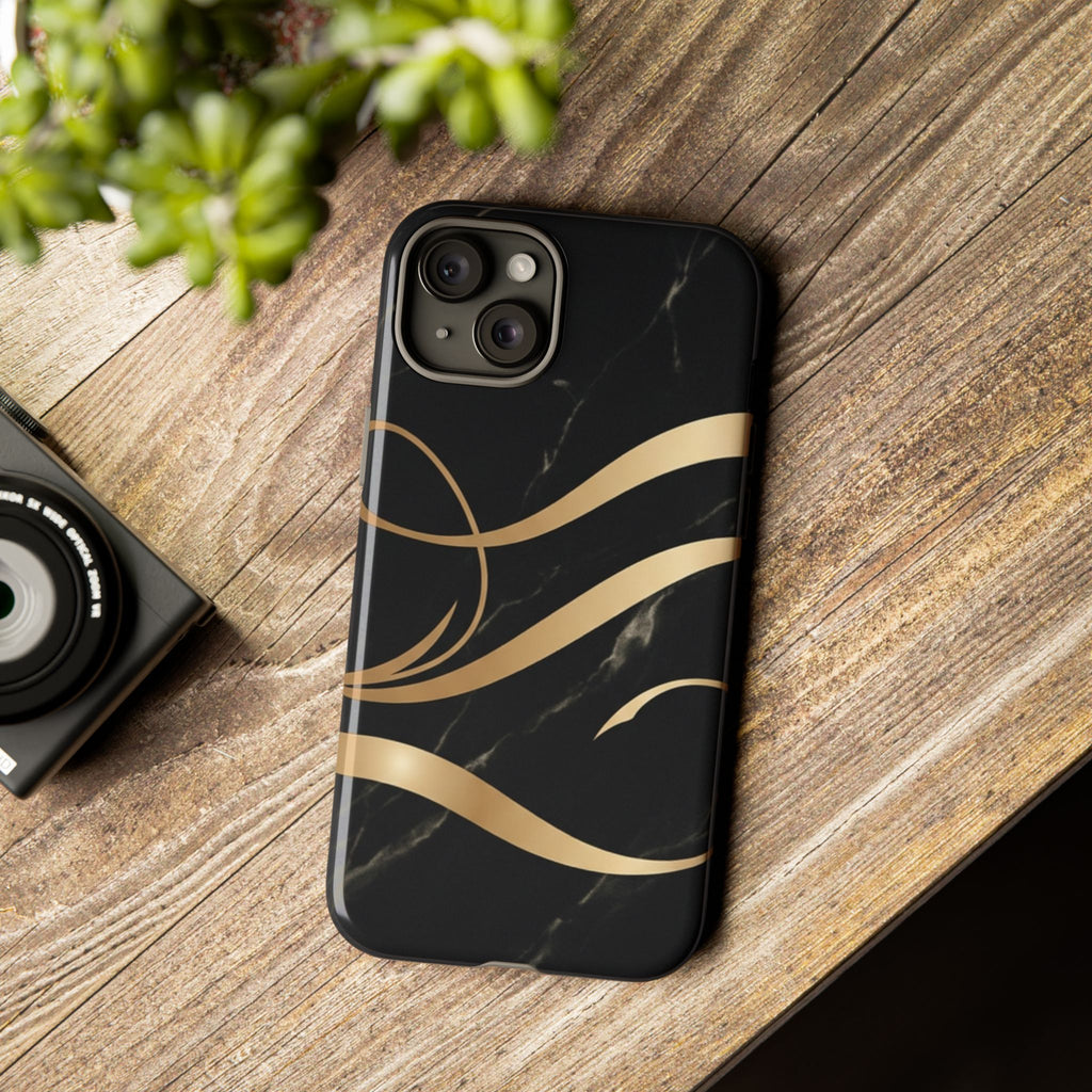 Black Marble Phone Case with Gold Swirl — Elegant Protective Tough Case