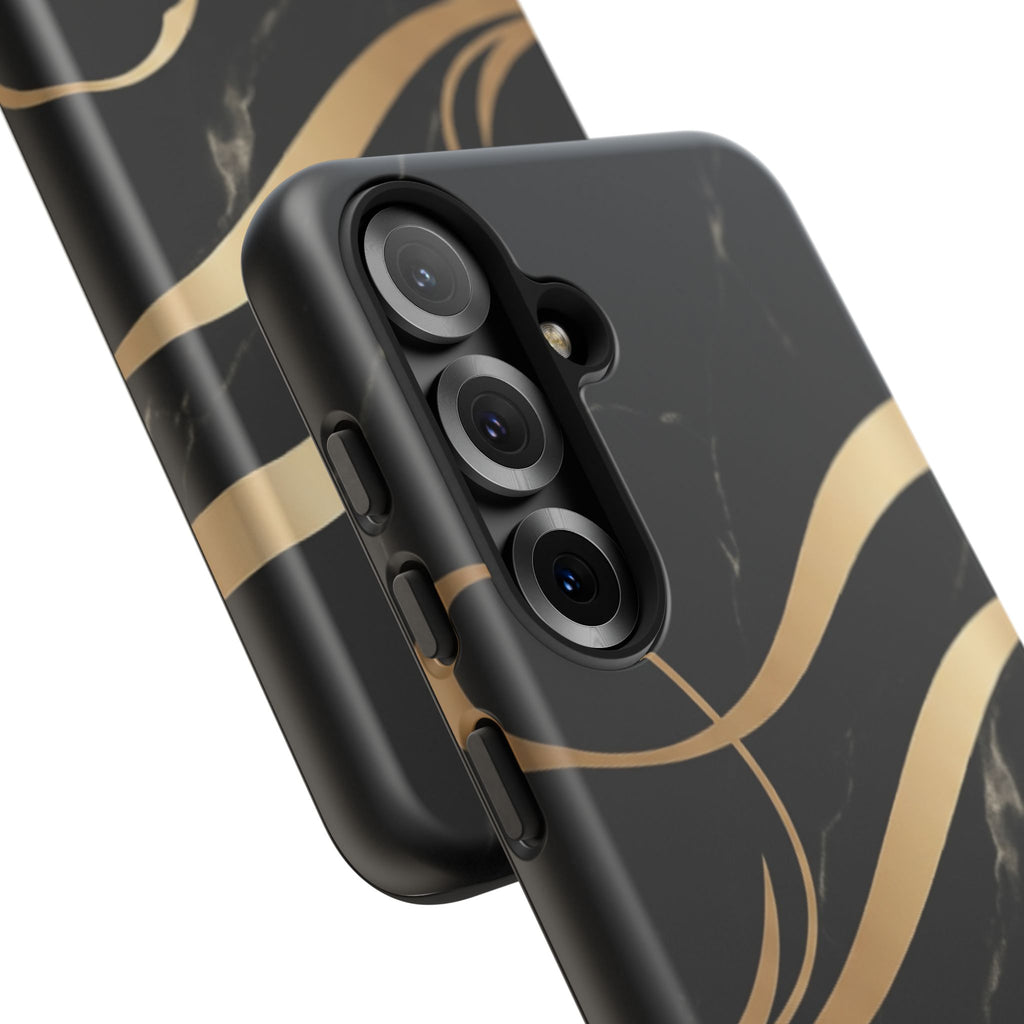 Black Marble Phone Case with Gold Swirl — Elegant Protective Tough Case