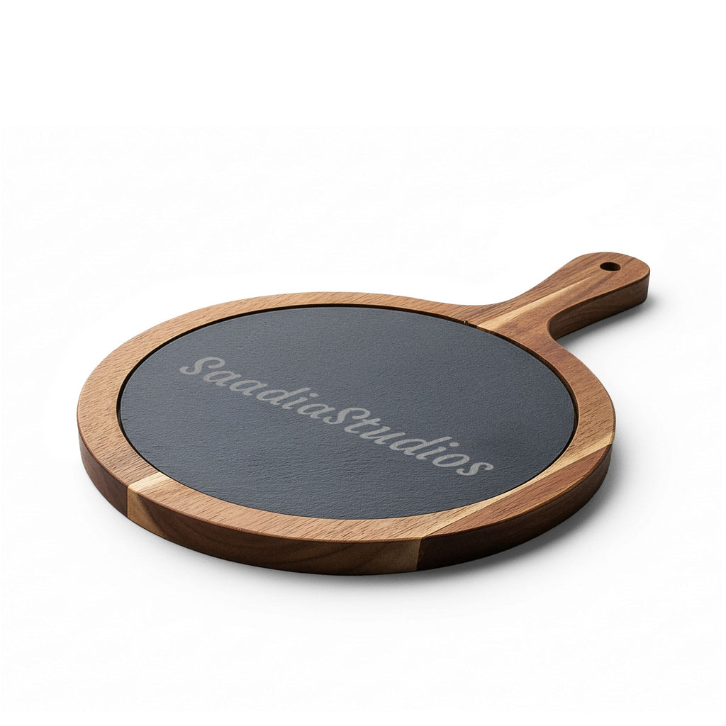 Engraved Acacia Charcuterie Board with Slate Insert & Cheese Knives