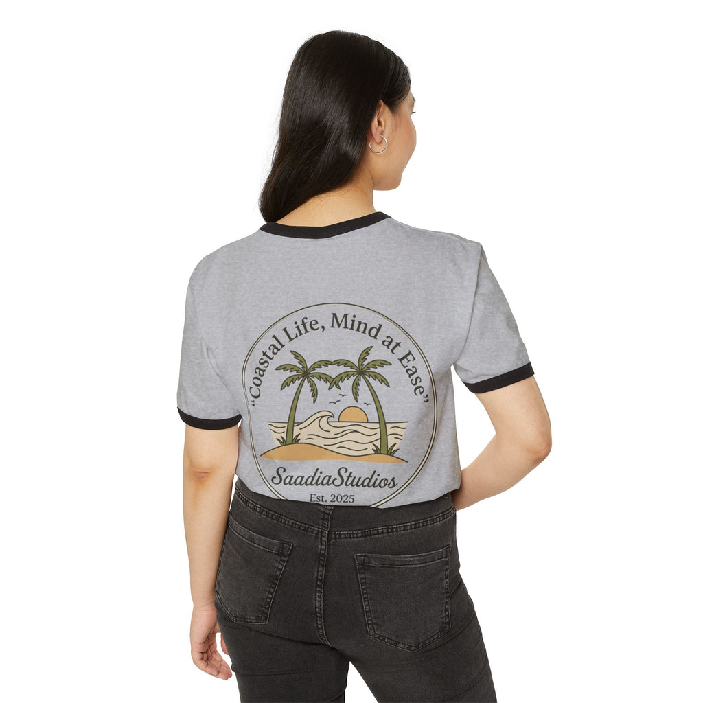 Coastal Life Ringer T-Shirt — "Coastal Life, Mind at Ease" Palm Sunset Tee