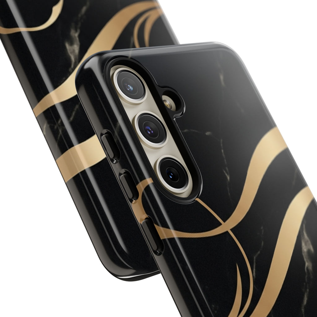 Black Marble Phone Case with Gold Swirl — Elegant Protective Tough Case