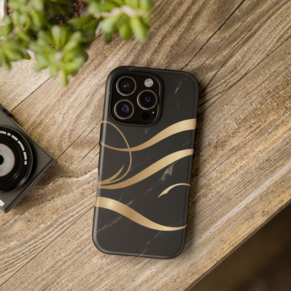 Black Marble Phone Case with Gold Swirl — Elegant Protective Tough Case