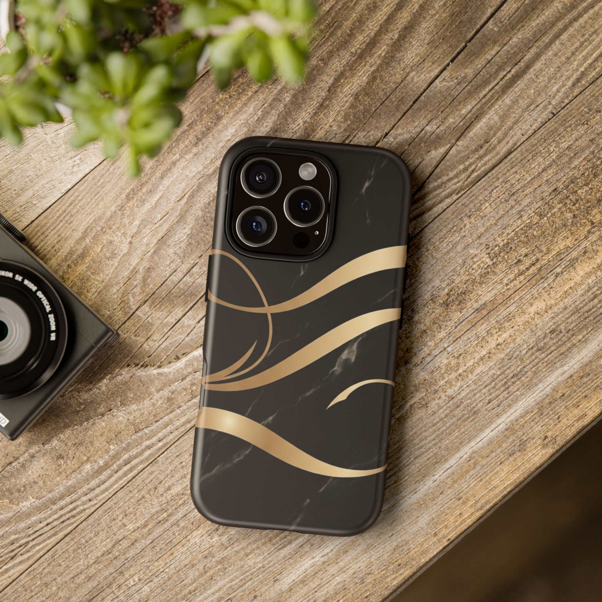 Black Marble Phone Case with Gold Swirl — Elegant Protective Tough Case