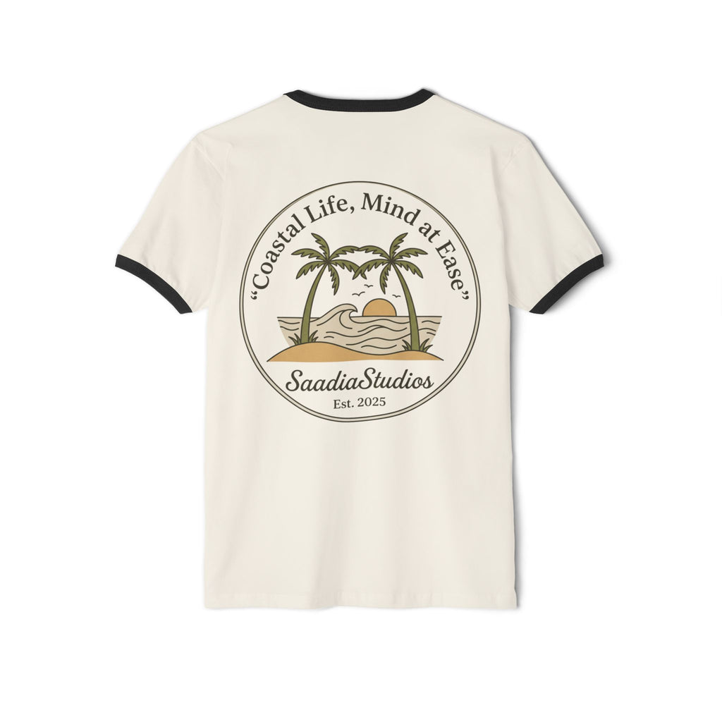 Coastal Life Ringer T-Shirt — "Coastal Life, Mind at Ease" Palm Sunset Tee